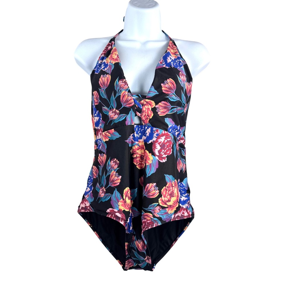 ModCloth Floral Halter One Piece Swimsuit sz Large Black floral boho retro